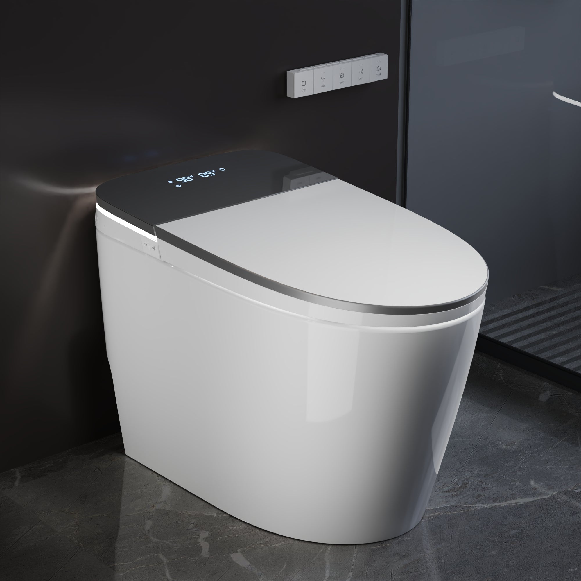 Advanced Smart Toilet with Voice Control, Programmable Spa Cleaning, Foam Shield, ADA Comfort Height, Heated Seat, Warm Dryer, and Zero Water Pressure Flush – Touchless Luxury Bidet Toilet for Modern Families