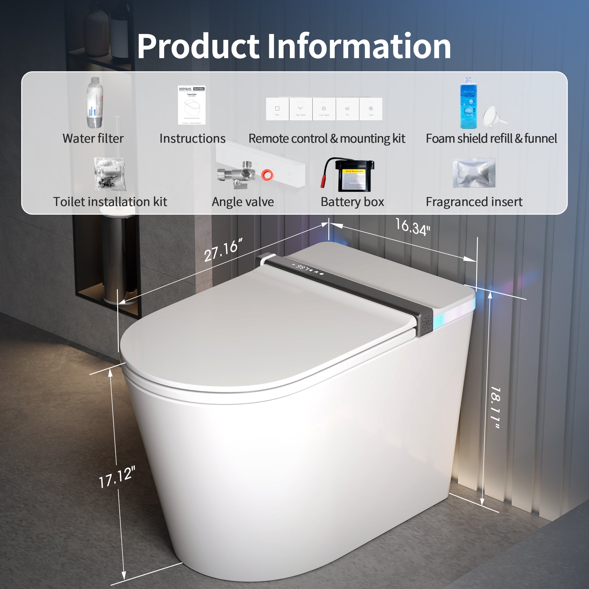 DeerValley DV-1S0360-V3 Premium Smart Toilet ADA Height  with Bidet, Foam Shield, Deodorization, Auto Open/Close, Foot Sensor, Build-in Tank, Pump, Heated Seat, Dryer, LED Display, Electric Toilets in White