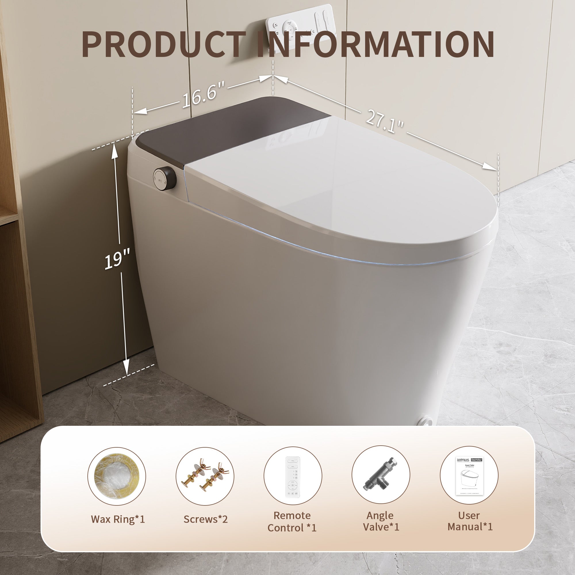 DeerValley DV-1S0459 Smart Toilet with Bidet, MaP 1000g Flush, ADA Height, Heated Seat & Warm Air Dryer, Auto Flush & Foot Sensor, Blackout Flush, Night Light, Modern Elongated Tankless Toilet