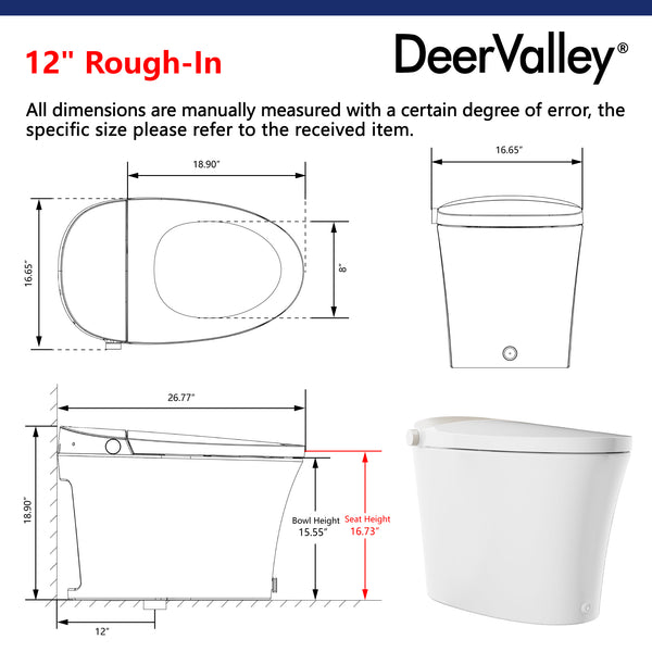 DeerValley DV-1S0150/DV-1S0150-V3 Tankless Smart Toilet,Off-seat Auto Flush,Foot Kick Flush,Night Light,Modern Elongated Toilet with Warm Water