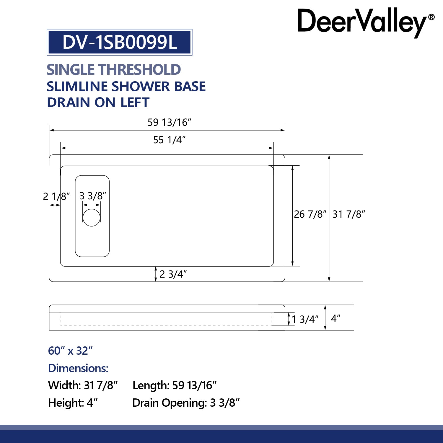 60"L x 32"W Rectangular Shower Base, Stain Resistant With Multiple Types