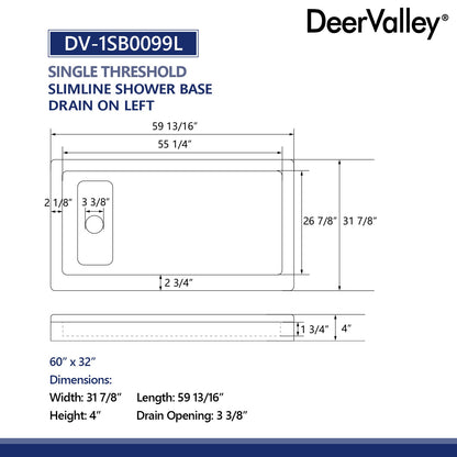 60"L x 32"W Rectangular Shower Base, Stain Resistant With Multiple Types