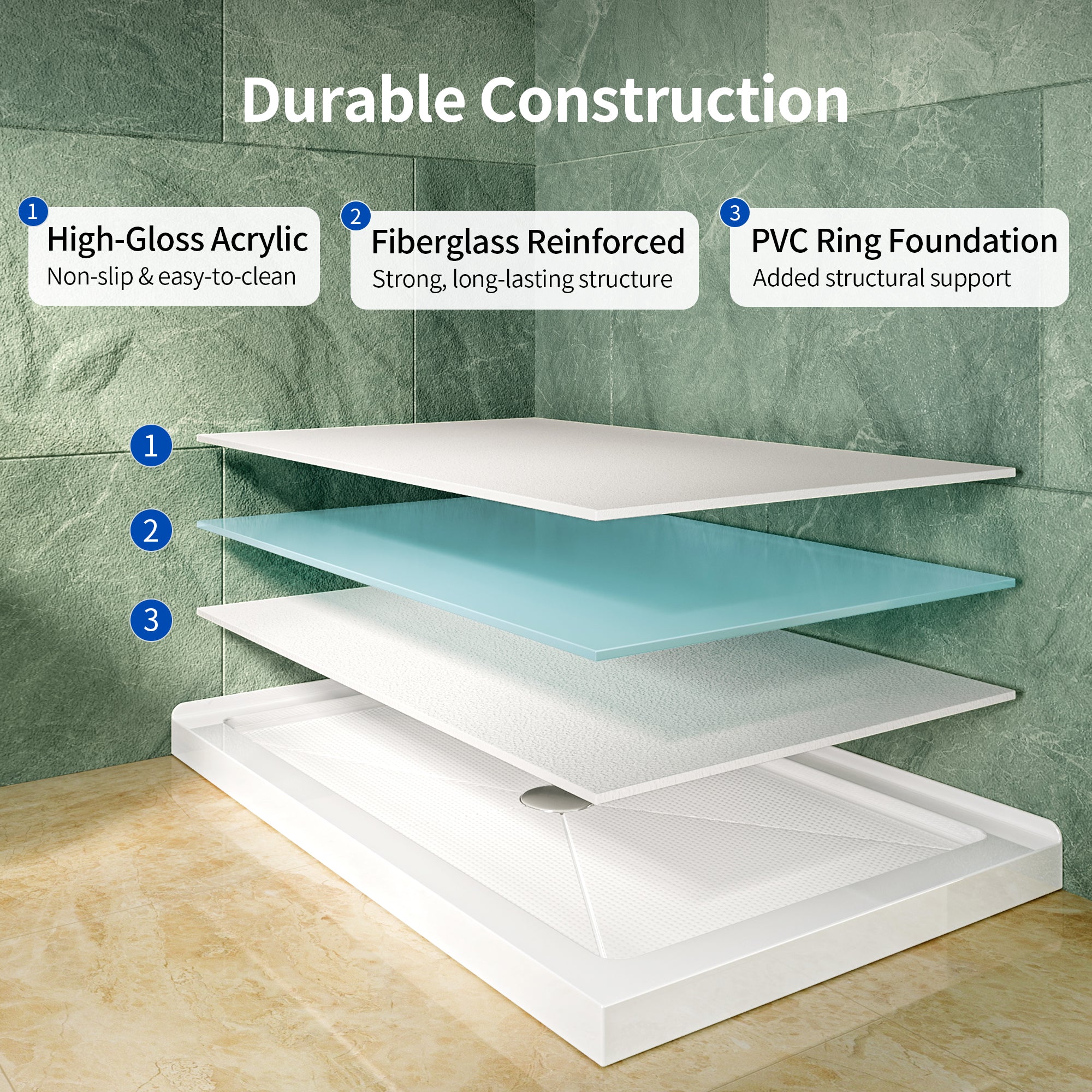 DeerValley DV-1SB0480 48 in. L x 30 in. W x 3.5 in. H Alcove Shower Pan Base with Center Drain in White