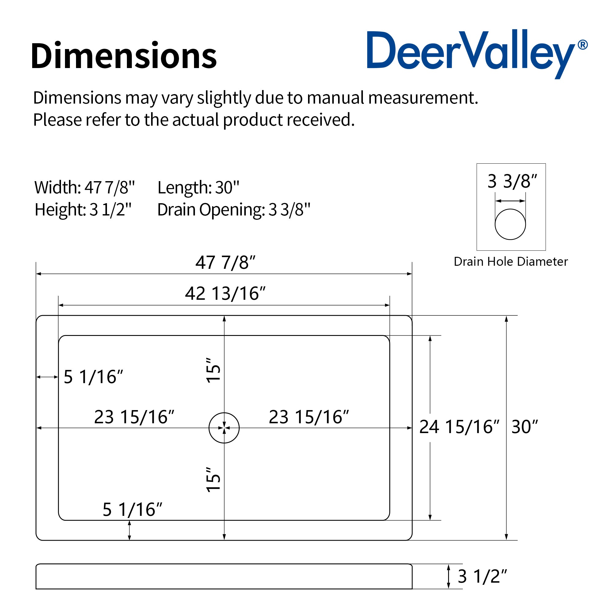 DeerValley DV-1SB0480 48 in. L x 30 in. W x 3.5 in. H Alcove Shower Pan Base with Center Drain in White