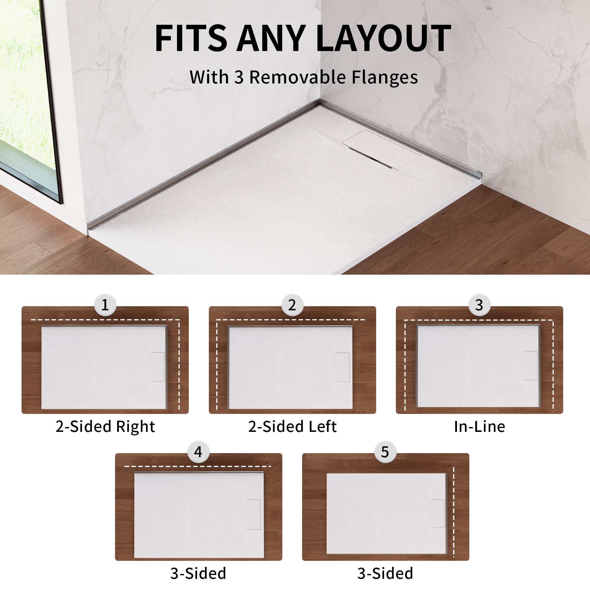 DeerValley DV-1SB0483/DV-1SB0485 60" x 36"/48" x 32" Zero Threshold Shower Base Seamless Entry, Modern Living