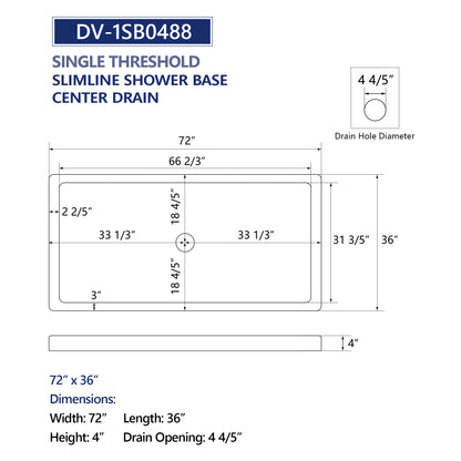 DeerValley DV-1SB0488 72"L x 36"W Shower Base in White, SMC Rectangle Single-Threshold Shower Pan, Center Drain, Non-Slip Shower Tray, Drain Cover Included