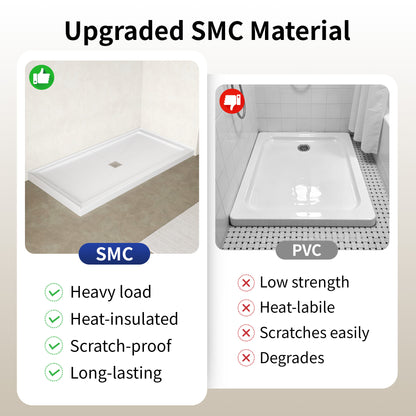 DeerValley DV-1SB0488 72"L x 36"W Shower Base in White, SMC Rectangle Single-Threshold Shower Pan, Center Drain, Non-Slip Shower Tray, Drain Cover Included