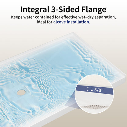 DeerValley DV-1SB0488 72"L x 36"W Shower Base in White, SMC Rectangle Single-Threshold Shower Pan, Center Drain, Non-Slip Shower Tray, Drain Cover Included