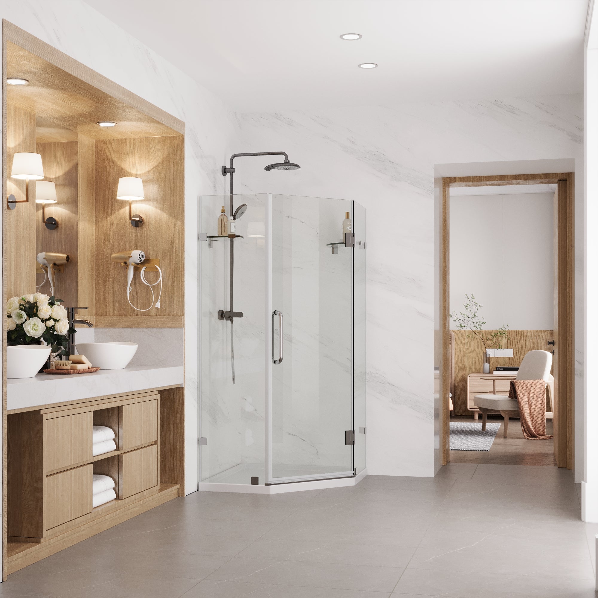 DeerValley DV-1SD021208 34" Frameless Neo-Angle Corner Shower Enclosure with Pivot Door, Chrome