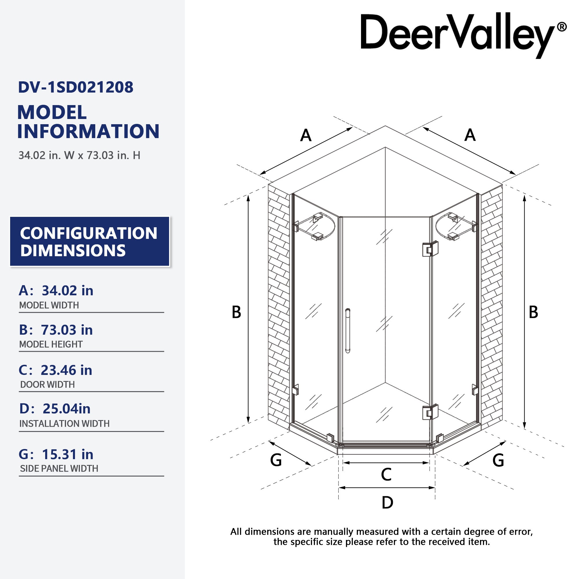 DeerValley DV-1SD021208 34" Frameless Neo-Angle Corner Shower Enclosure with Pivot Door, Chrome