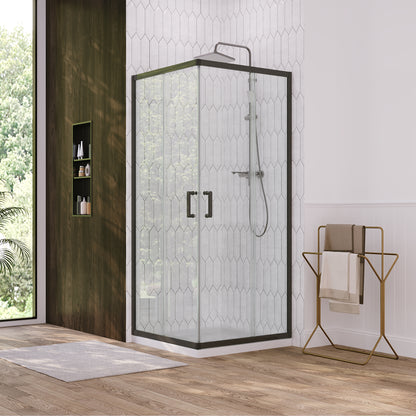 DeerValley DV-1SD0213B06 Corner Shower Enclosure, 34 in. D x 34 in. W x 72 in. H Double Sliding Corner Shower Door with 1/4 in. Tempered Glass, Sliding Shower Enclosure, Matte Black.