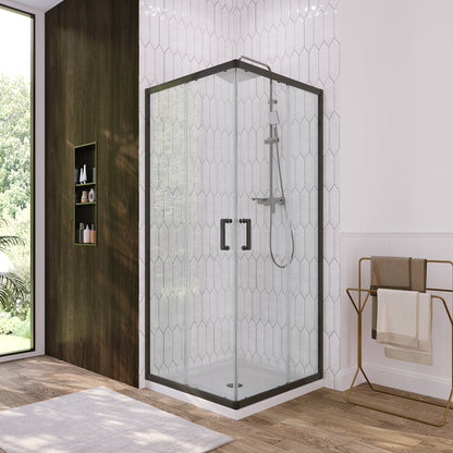 DeerValley DV-1SD0213B06 Corner Shower Enclosure, 34 in. D x 34 in. W x 72 in. H Double Sliding Corner Shower Door with 1/4 in. Tempered Glass, Sliding Shower Enclosure, Matte Black.