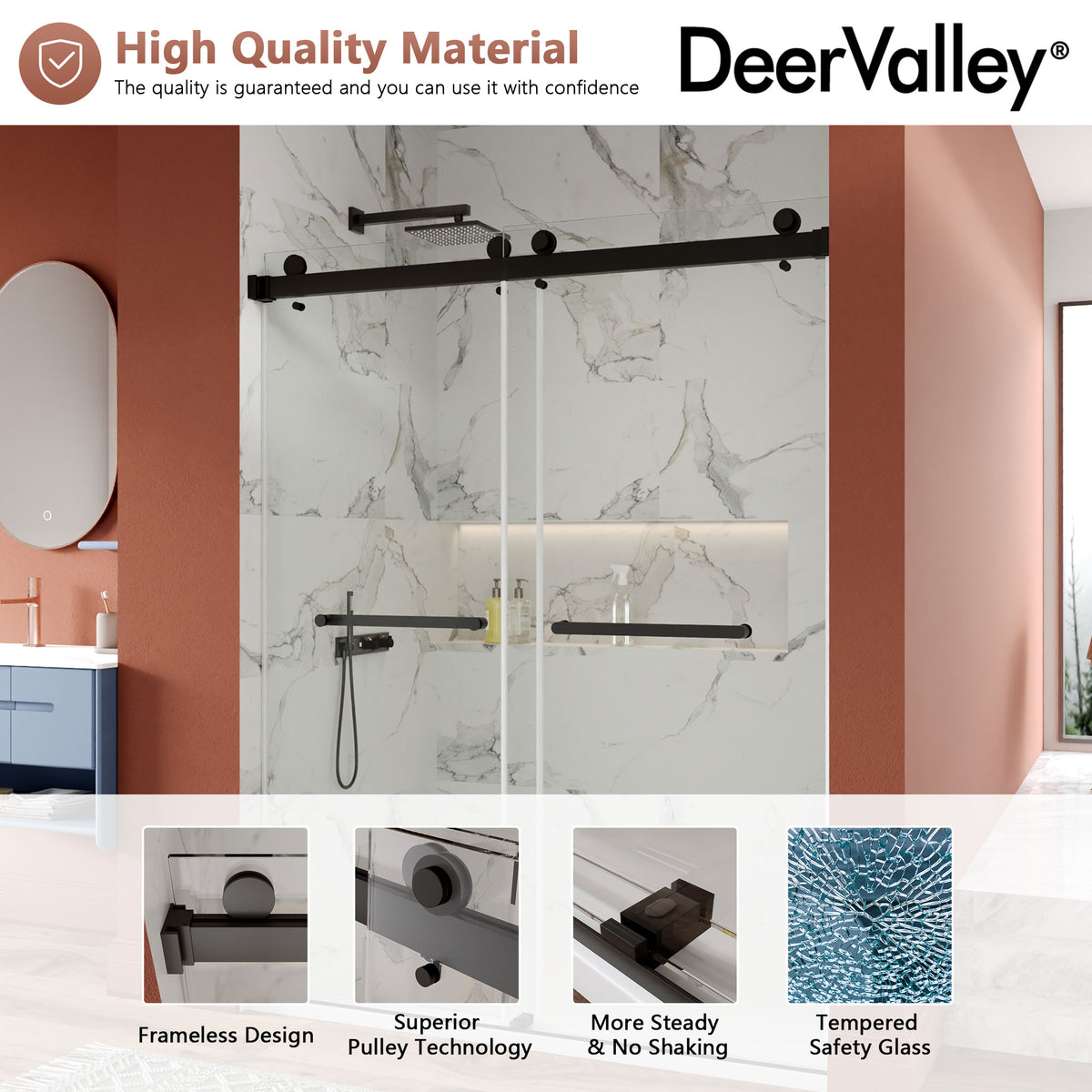 DeerValley DV-1SD056 60" x 76" Frameless Sliding Shower Door, 3/8" Clear Tempered Glass