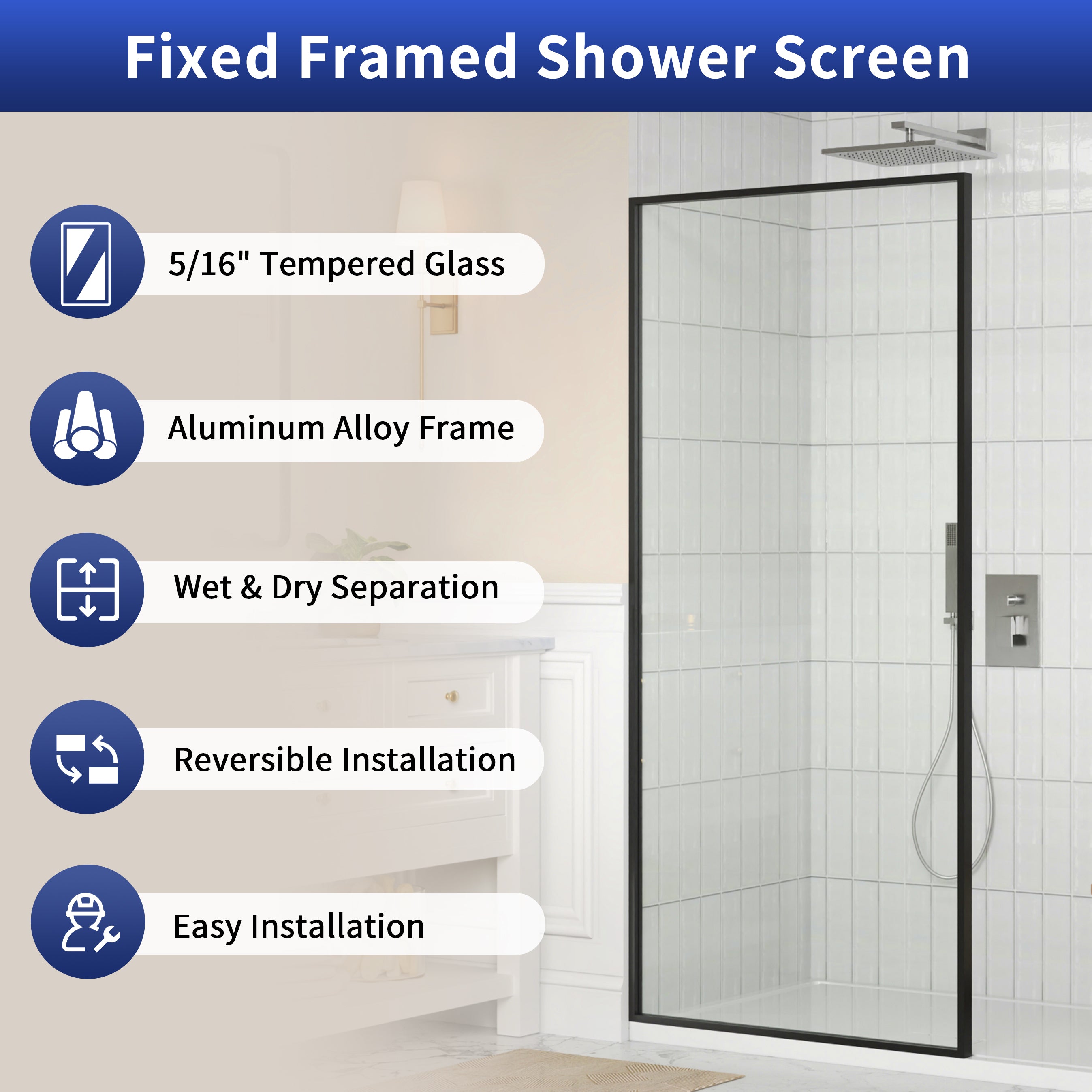 DeerValley DV-1SD0409B08 34" W x 74" H Fixed Glass Shower Screen, Bathroom Shower Glass Door with 5/16" Clear SGCC Tempered Glass Panel, Reversible Installation，Matte Black