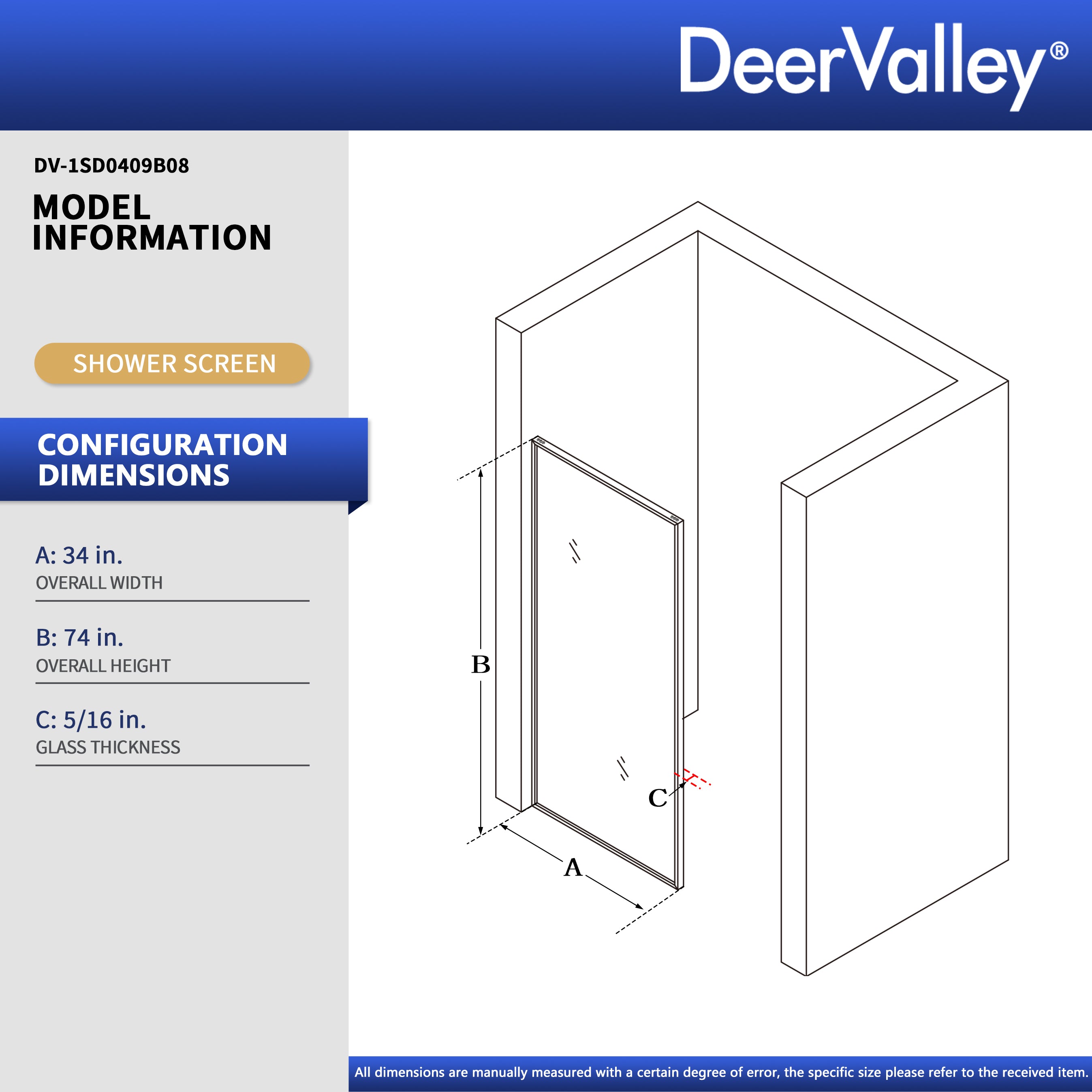 DeerValley DV-1SD0409B08 34" W x 74" H Fixed Glass Shower Screen, Bathroom Shower Glass Door with 5/16" Clear SGCC Tempered Glass Panel, Reversible Installation，Matte Black