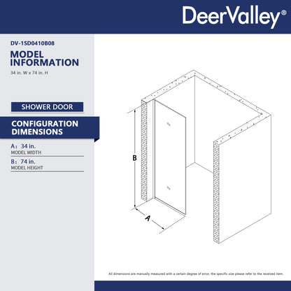 DeerValley DV-1SD0410B08 Fixed Shower Screen, 34" W × 74" H Semi-Framed Design, Matte Black 304 Stainless Steel Frame with 8mm (5/16") Premium Tempered Safety Glass, Modern Minimalist Style for Space-Saving Bathrooms