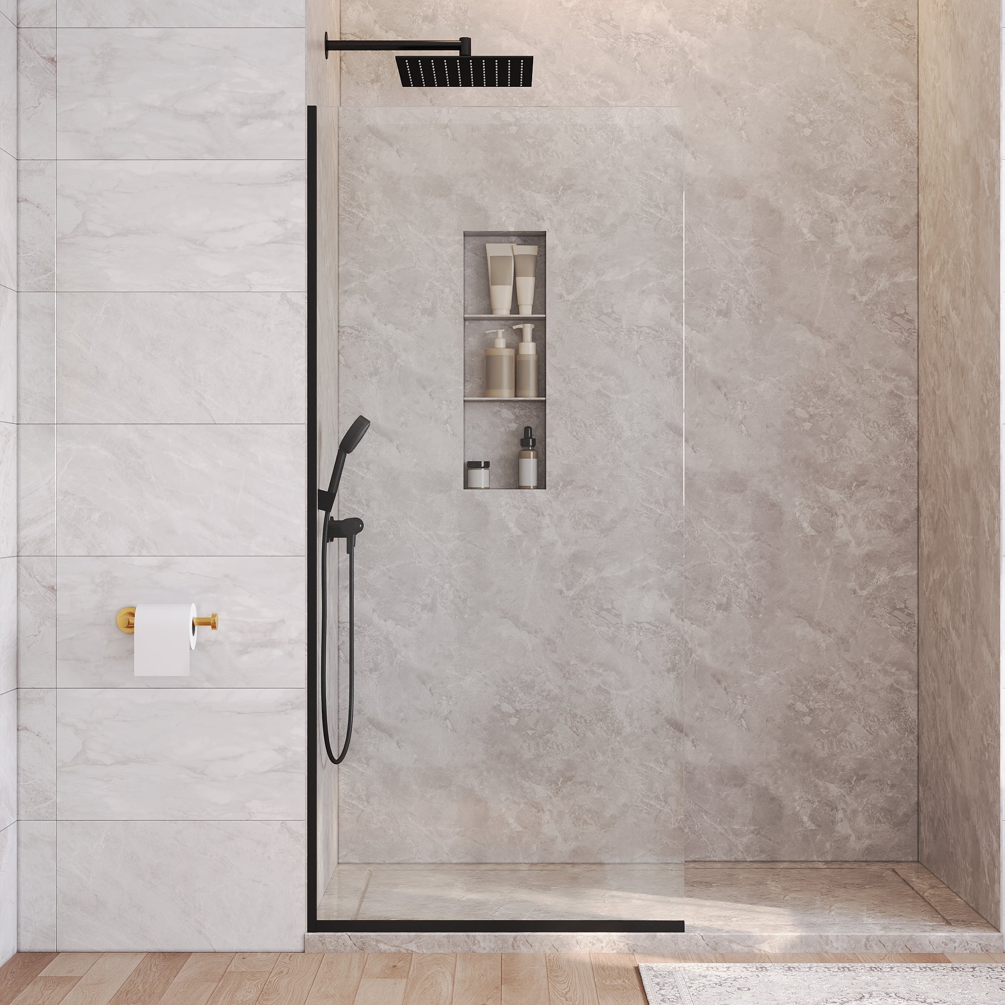 DeerValley DV-1SD0410B08 Fixed Shower Screen, 34" W × 74" H Semi-Framed Design, Matte Black 304 Stainless Steel Frame with 8mm (5/16") Premium Tempered Safety Glass, Modern Minimalist Style for Space-Saving Bathrooms