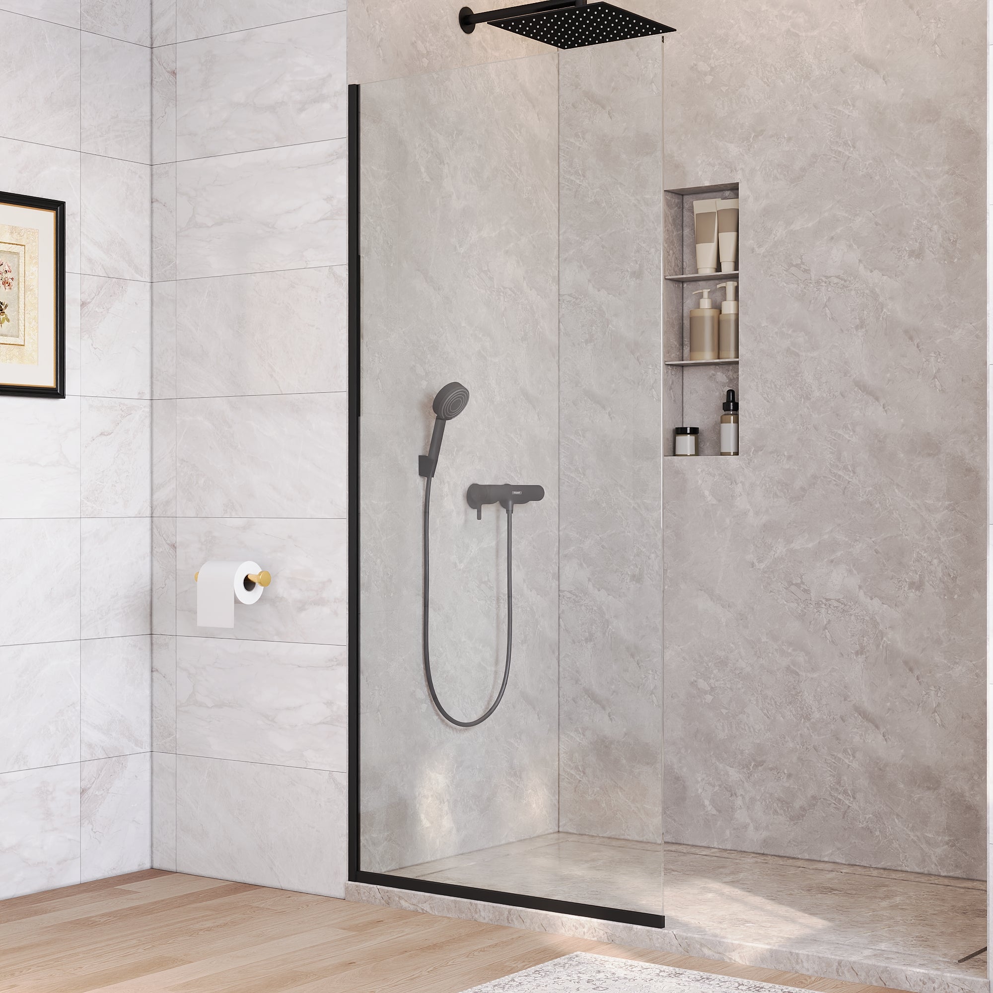 DeerValley DV-1SD0410B08 Fixed Shower Screen, 34" W × 74" H Semi-Framed Design, Matte Black 304 Stainless Steel Frame with 8mm (5/16") Premium Tempered Safety Glass, Modern Minimalist Style for Space-Saving Bathrooms
