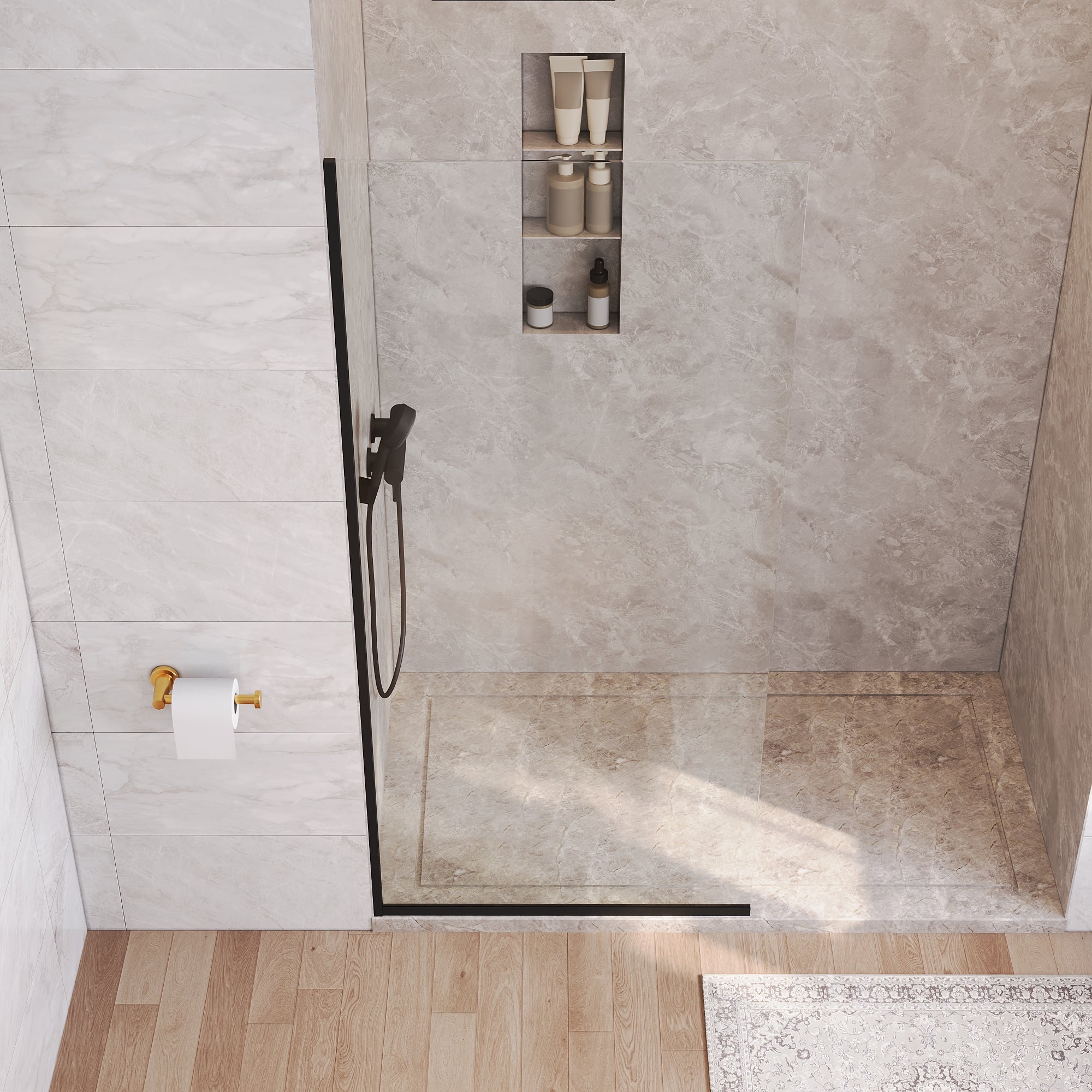 DeerValley DV-1SD0410B08 Fixed Shower Screen, 34" W × 74" H Semi-Framed Design, Matte Black 304 Stainless Steel Frame with 8mm (5/16") Premium Tempered Safety Glass, Modern Minimalist Style for Space-Saving Bathrooms