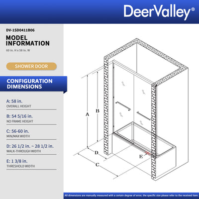 57" - 60" W x 58" H Double Sliding Semi-Frameless Tub Shower Door with 1/4" Tempered Clear Glass