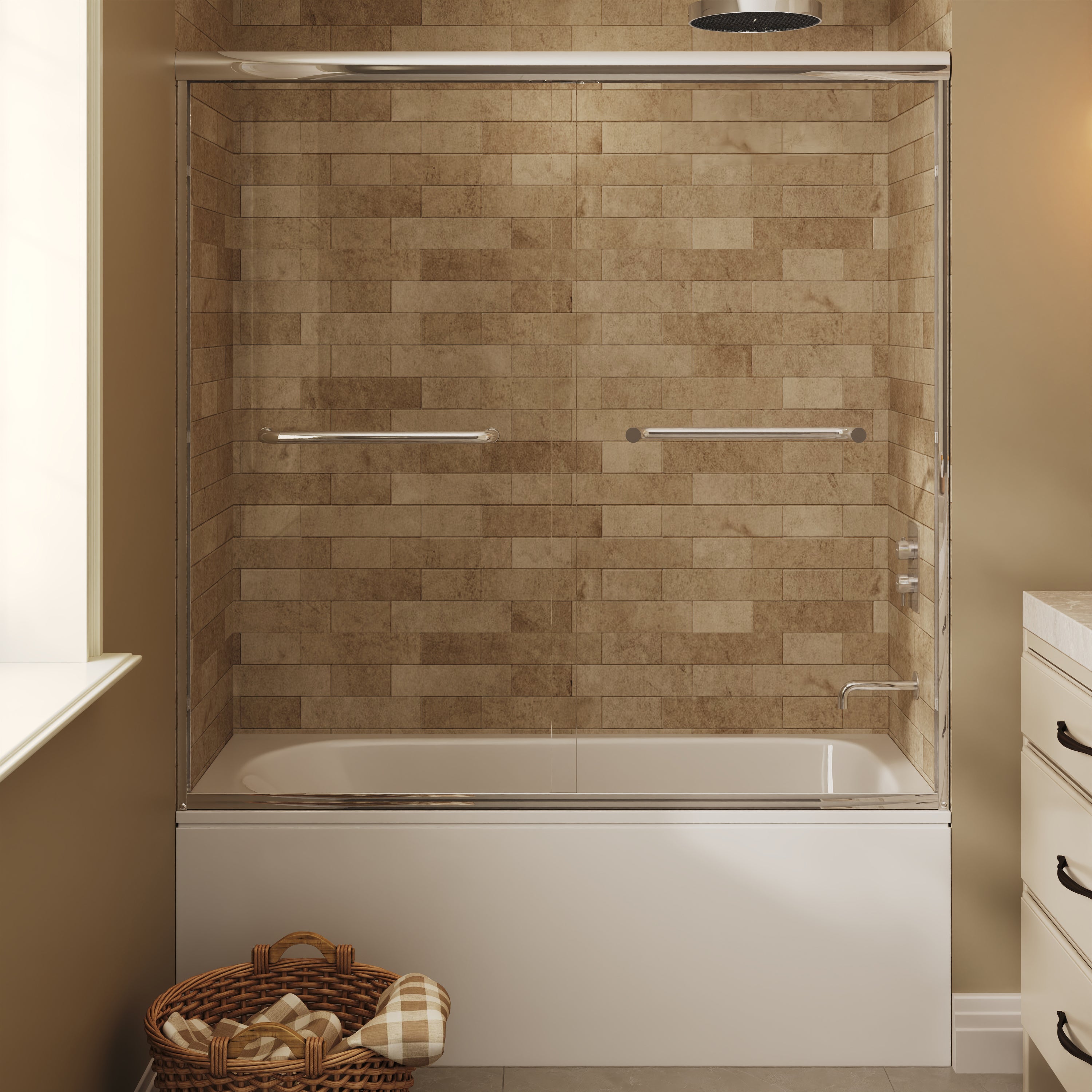 57" - 60" W x 58" H Double Sliding Semi-Frameless Tub Shower Door with 1/4" Tempered Clear Glass