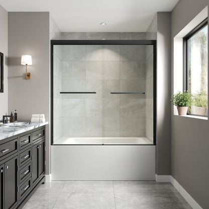 DeerValley DV-1SD0412B06 56" - 60" W x 60" H Framed Double Sliding Tub Door, Bypass Sliding Bathtub Shower Door with 1/4" Clear Tempered Glass, Aluminum Frame with Stainless Steel Towel Bar, Matte Black
