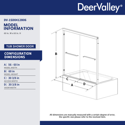 DeerValley DV-1SD0412B06 56" - 60" W x 60" H Framed Double Sliding Tub Door, Bypass Sliding Bathtub Shower Door with 1/4" Clear Tempered Glass, Aluminum Frame with Stainless Steel Towel Bar, Matte Black