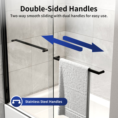 DeerValley DV-1SD0412B06 56" - 60" W x 60" H Framed Double Sliding Tub Door, Bypass Sliding Bathtub Shower Door with 1/4" Clear Tempered Glass, Aluminum Frame with Stainless Steel Towel Bar, Matte Black