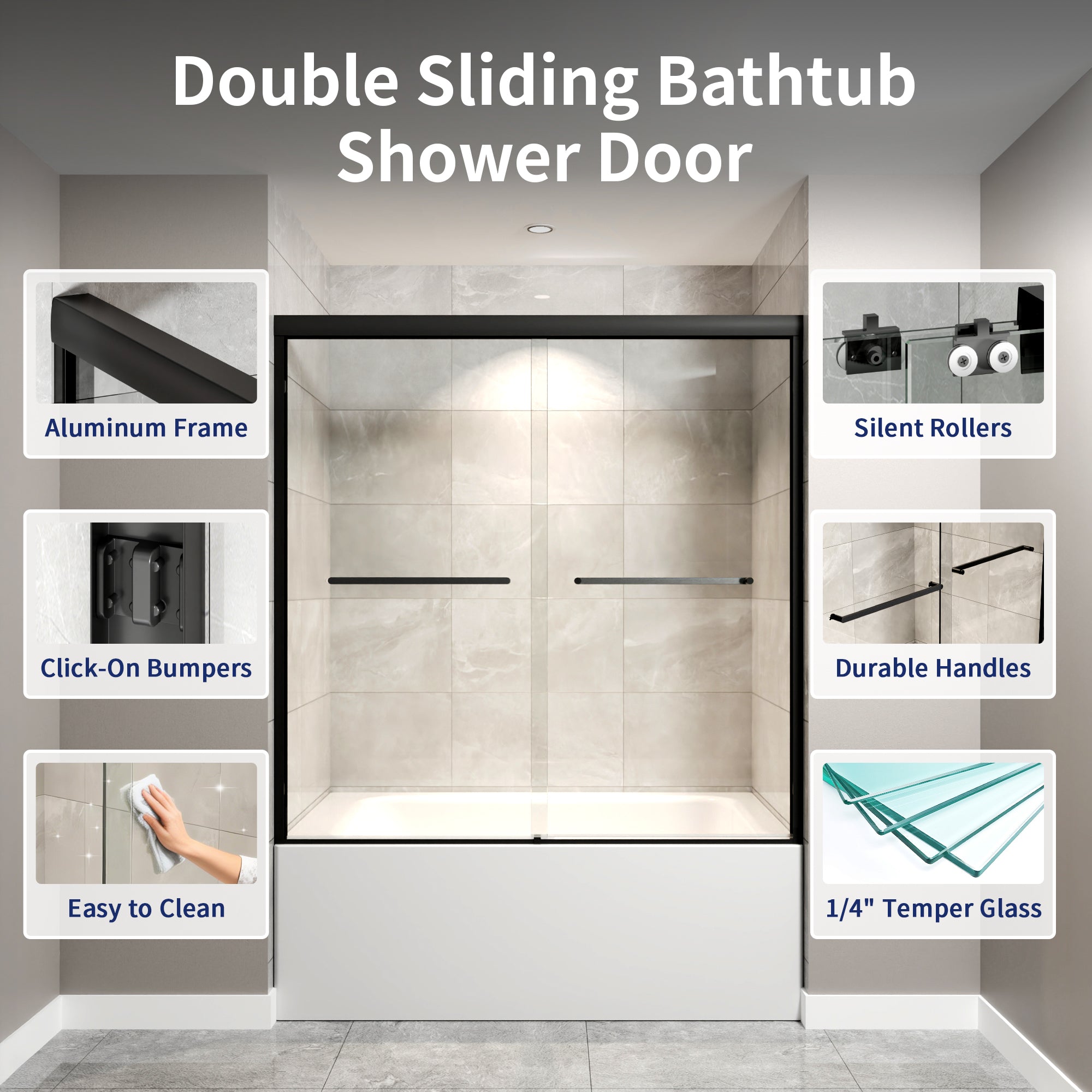 DeerValley DV-1SD0412B06 56" - 60" W x 60" H Framed Double Sliding Tub Door, Bypass Sliding Bathtub Shower Door with 1/4" Clear Tempered Glass, Aluminum Frame with Stainless Steel Towel Bar, Matte Black