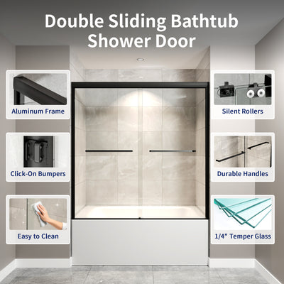 DeerValley DV-1SD0412B06 56" - 60" W x 60" H Framed Double Sliding Tub Door, Bypass Sliding Bathtub Shower Door with 1/4" Clear Tempered Glass, Aluminum Frame with Stainless Steel Towel Bar, Matte Black