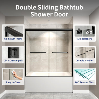 DeerValley DV-1SD0412B06 56" - 60" W x 60" H Framed Double Sliding Tub Door, Bypass Sliding Bathtub Shower Door with 1/4" Clear Tempered Glass, Aluminum Frame with Stainless Steel Towel Bar, Matte Black