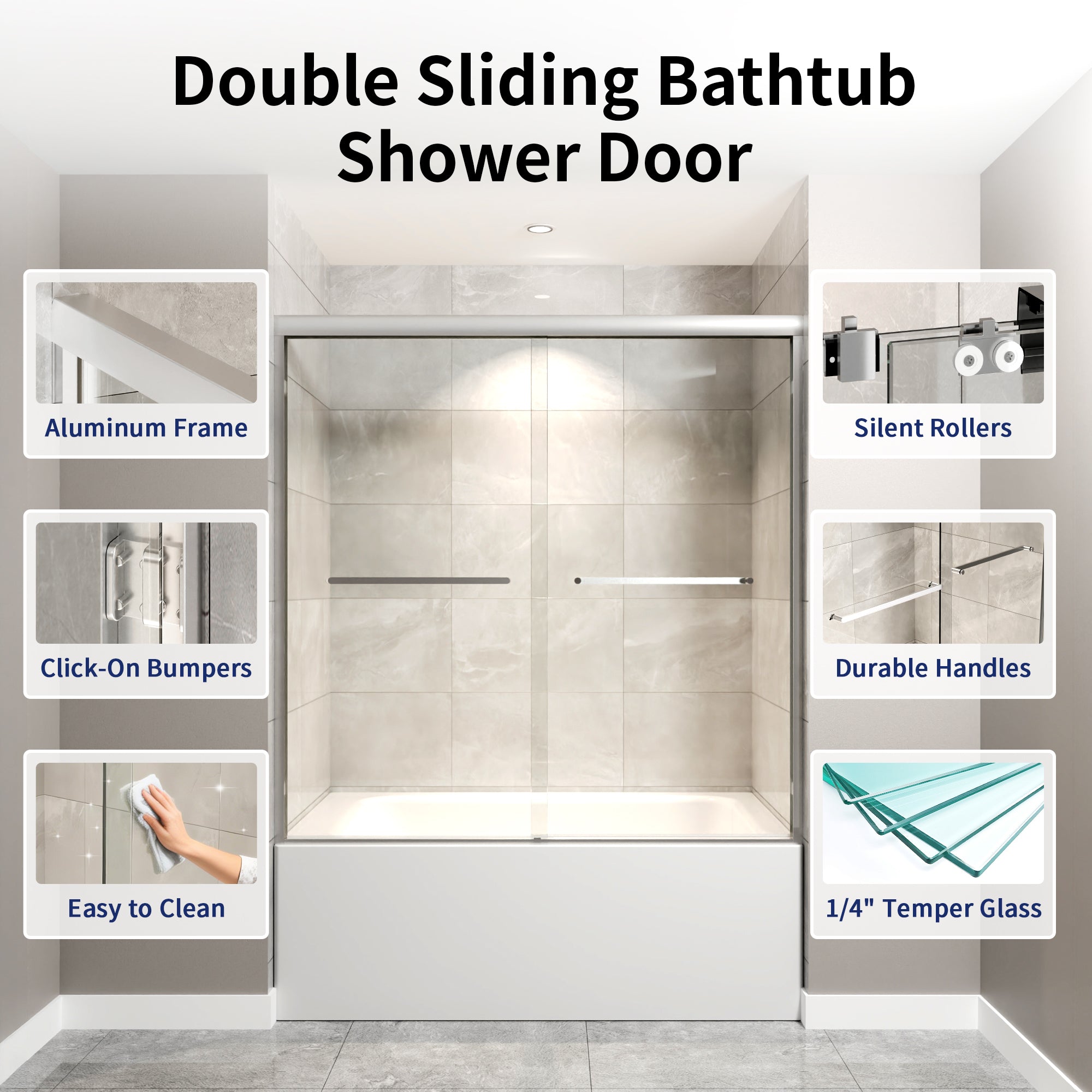 DeerValley DV-1SD0412B06 56" - 60" W x 60" H Framed Double Sliding Tub Door, Bypass Sliding Bathtub Shower Door with 1/4" Clear Tempered Glass, Aluminum Frame with Stainless Steel Towel Bar, Matte Black