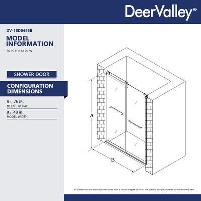 Deervalley DV-1SD0446B 76×48" Frameless Dual-Sliding Shower Door with 5/16" Tempered Glass, 304 Stainless Steel Hardware, Anti-Jump Rollers, Dual Seals, 3-Color Options