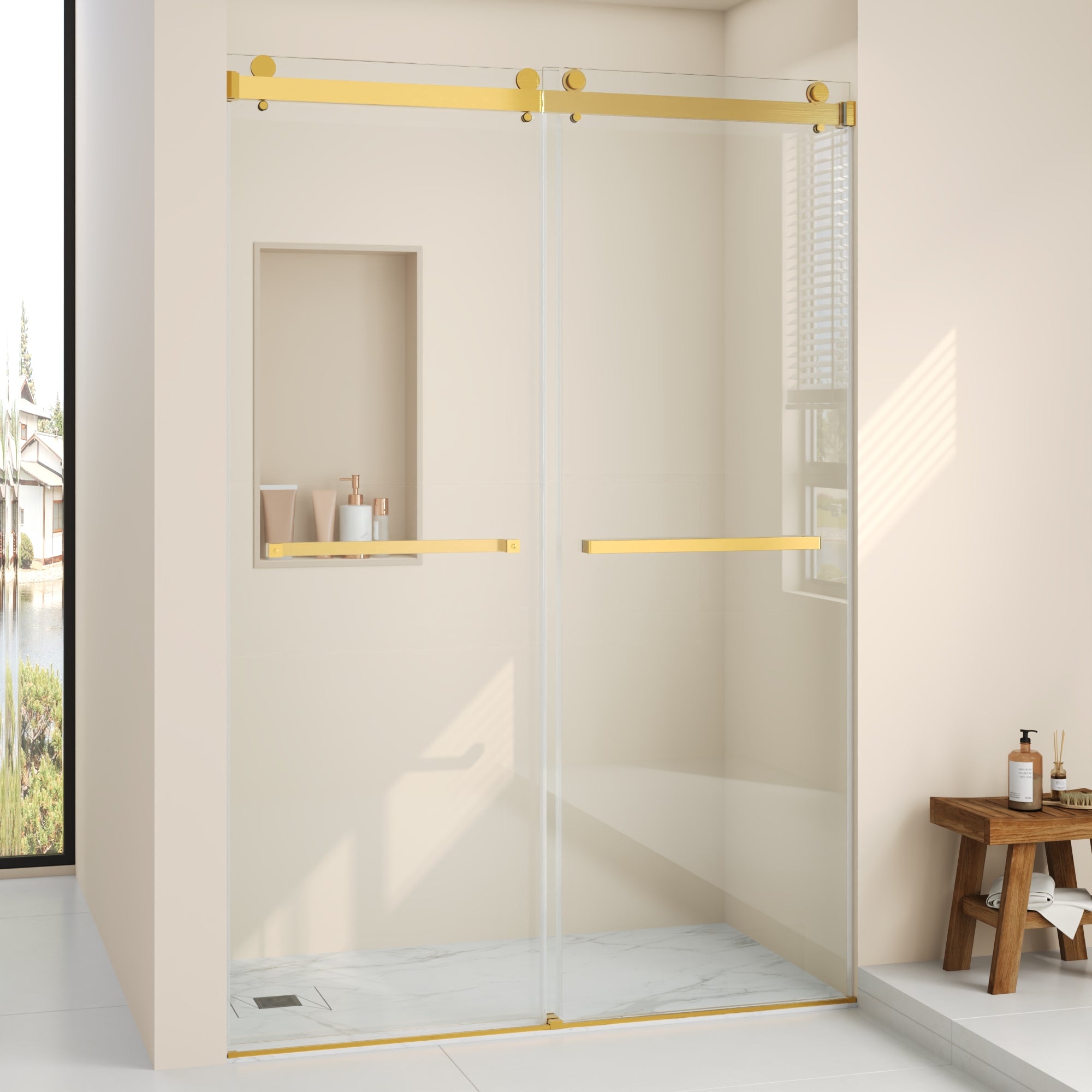 76×48" Frameless Dual-Sliding Shower Door with 5/16" Tempered Glass, 304 Stainless Steel Hardware, Anti-Jump Rollers, Dual Seals, 3-Color Options