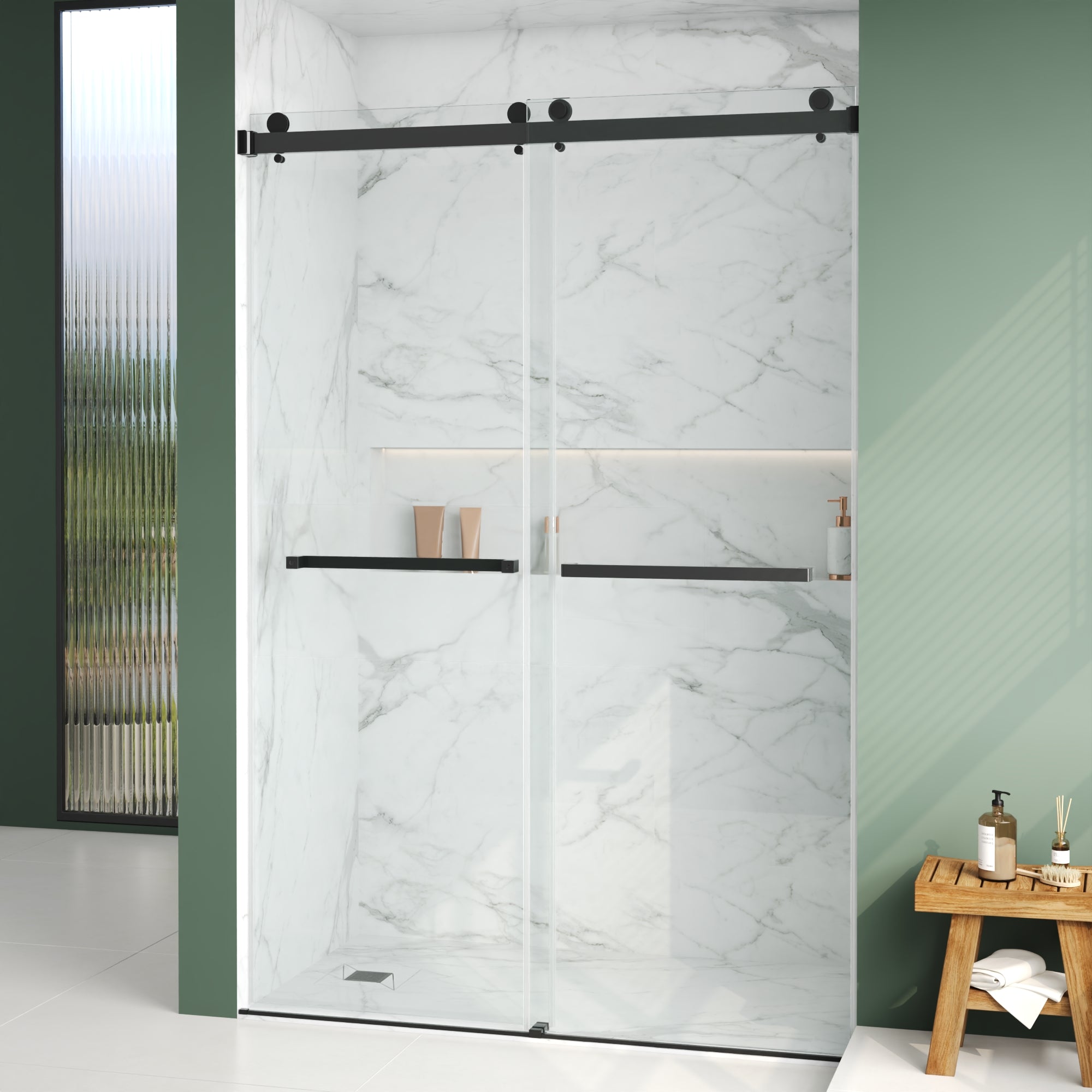 76×48" Frameless Dual-Sliding Shower Door with 5/16" Tempered Glass, 304 Stainless Steel Hardware, Anti-Jump Rollers, Dual Seals, 3-Color Options