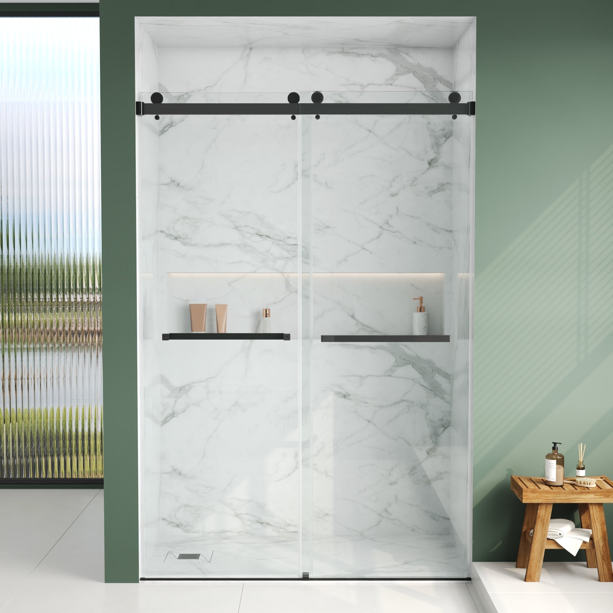 76×48" Frameless Dual-Sliding Shower Door with 5/16" Tempered Glass, 304 Stainless Steel Hardware, Anti-Jump Rollers, Dual Seals, 3-Color Options
