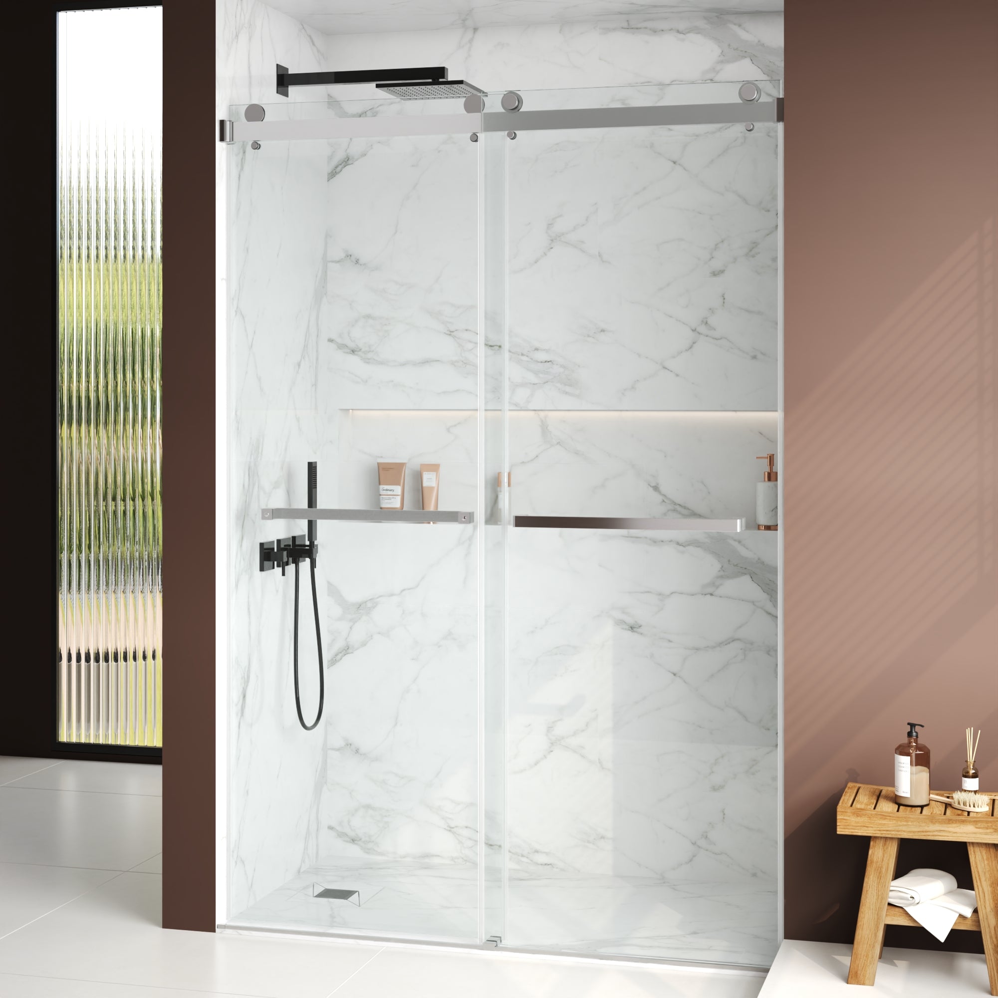 76×48" Frameless Dual-Sliding Shower Door with 5/16" Tempered Glass, 304 Stainless Steel Hardware, Anti-Jump Rollers, Dual Seals, 3-Color Options