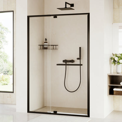 DeerValley DV-1SD0447B08/S08 44–48" W x 72" H Pivot Shower Door, Semi-Frameless Swing Bathroom Shower Door with 5/16" (8mm) Clear SGCC Tempered Glass, Magnetic Closure, Reversible Installation, Matte Black Finish