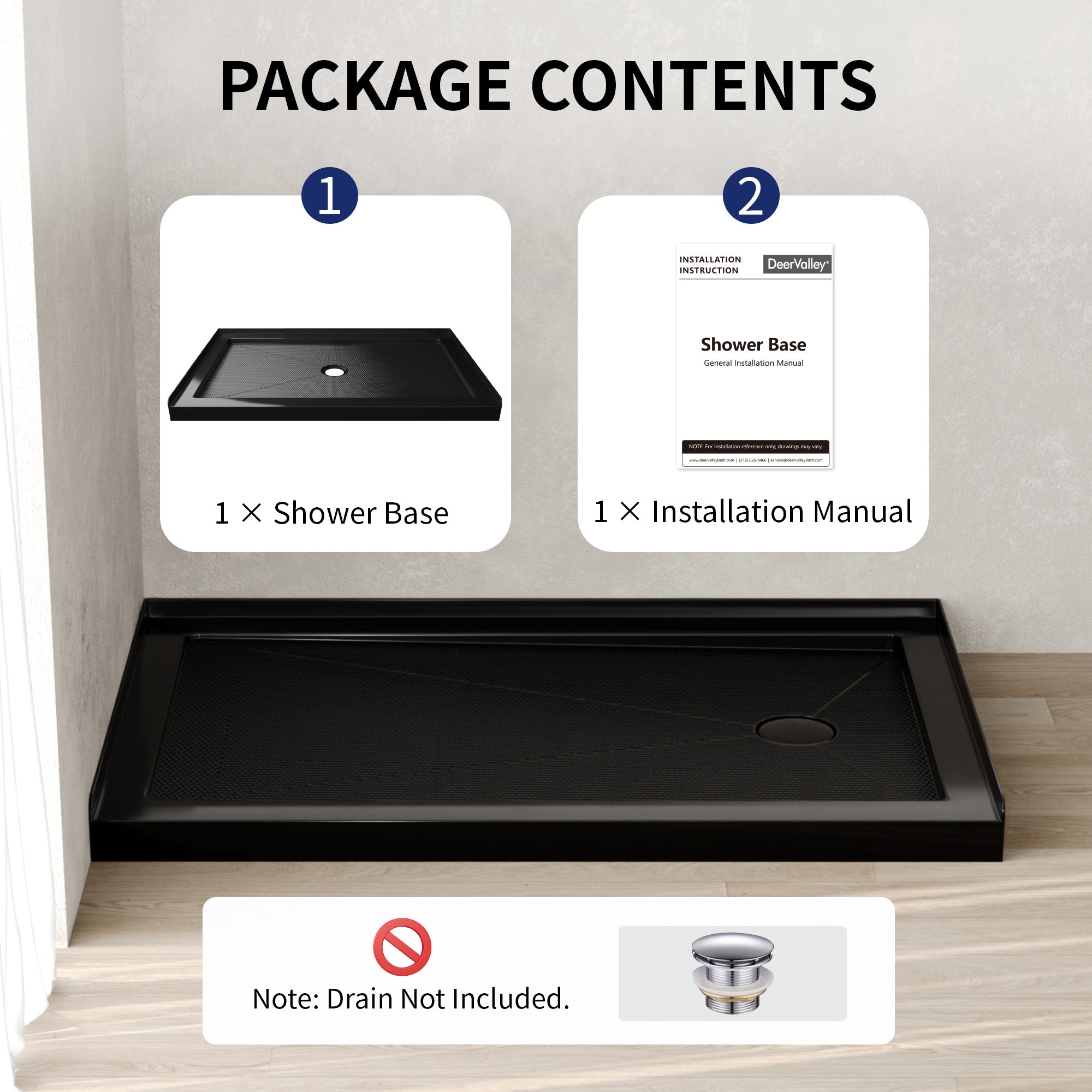 DeerValley DV-1SB0107 Shower Bases,  2-4‰ Sloped Drainage & 3-Sided Flange,Non-slip Design With Multiple Sizes
