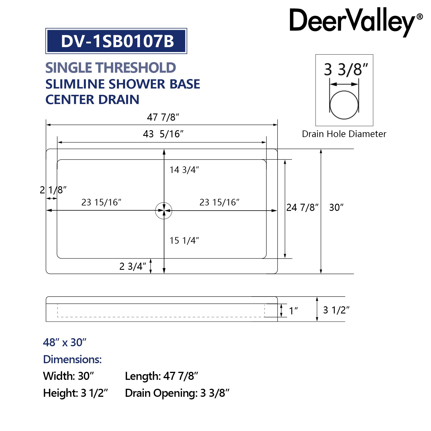 DeerValley DV-1SB0107 Shower Bases,  2-4‰ Sloped Drainage & 3-Sided Flange,Non-slip Design With Multiple Sizes