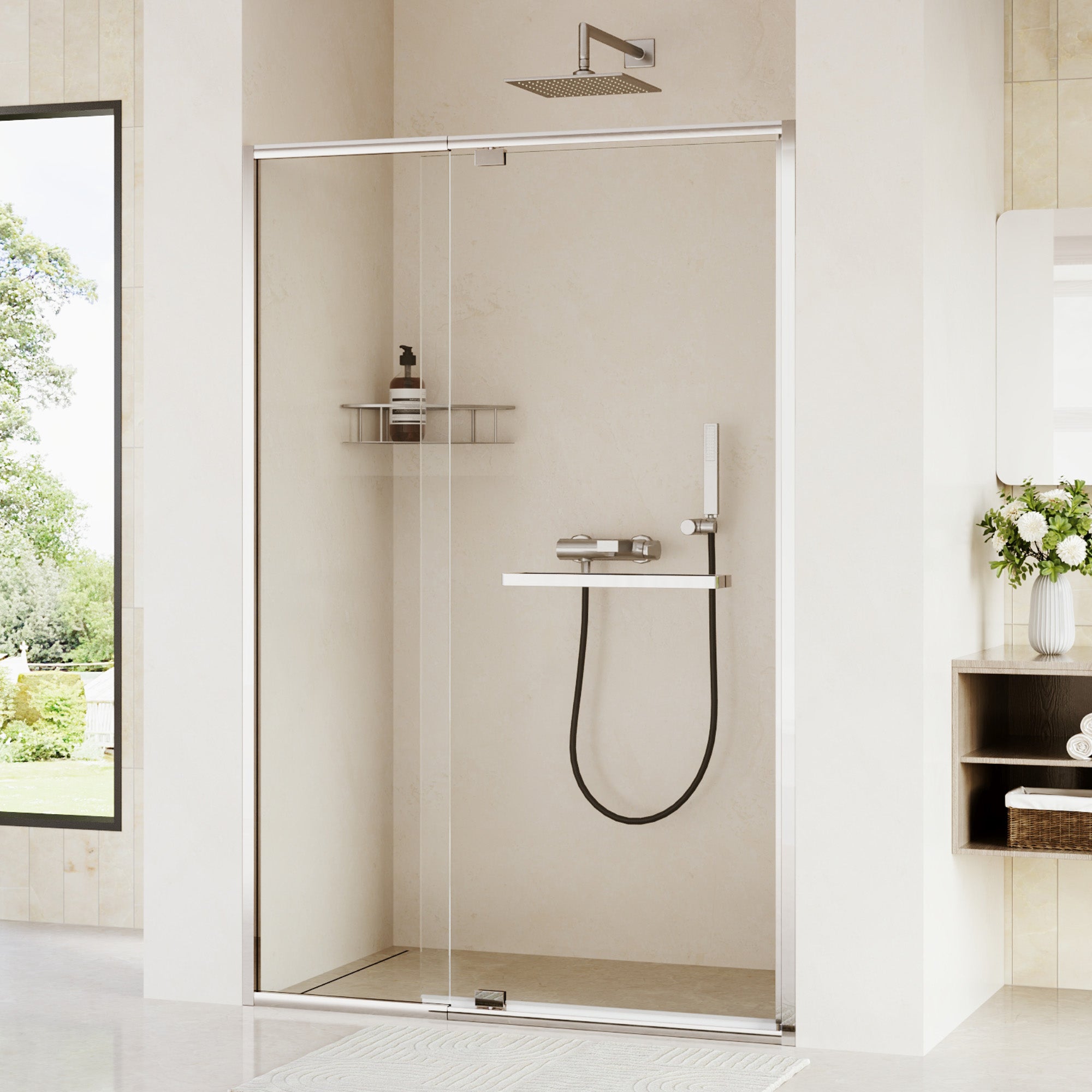 DeerValley DV-1SD0447B08/S08 44–48" W x 72" H Pivot Shower Door, Semi-Frameless Swing Bathroom Shower Door with 5/16" (8mm) Clear SGCC Tempered Glass, Magnetic Closure, Reversible Installation, Matte Black Finish