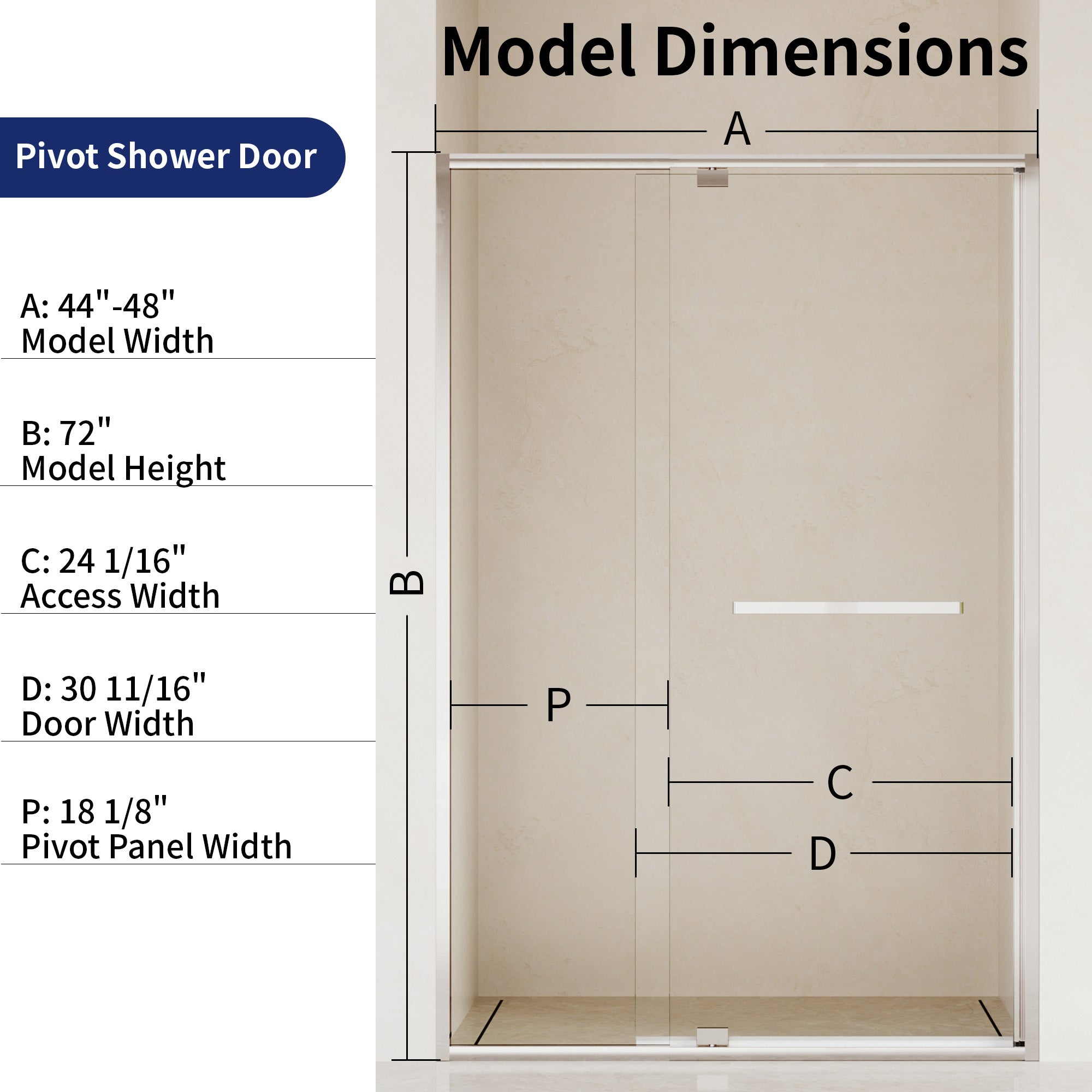DeerValley DV-1SD0447B08/S08 44–48" W x 72" H Pivot Shower Door, Semi-Frameless Swing Bathroom Shower Door with 5/16" (8mm) Clear SGCC Tempered Glass, Magnetic Closure, Reversible Installation, Matte Black Finish