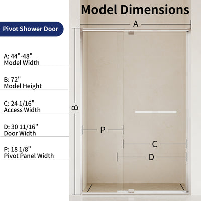 DeerValley DV-1SD0447B08/S08 44–48" W x 72" H Pivot Shower Door, Semi-Frameless Swing Bathroom Shower Door with 5/16" (8mm) Clear SGCC Tempered Glass, Magnetic Closure, Reversible Installation, Matte Black Finish