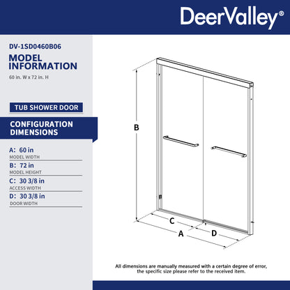 DeerValley DV-1SD0460B06 56–60" W x 72" H Double Sliding Shower Door for Walk-In Showers, Framed Bypass Door with Easy-Clean 1/4" (6mm) Tempered Glass, Durable Aluminum Frame, Matte Black