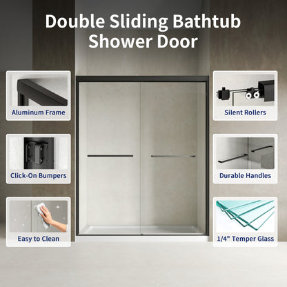 DeerValley DV-1SD0460B06 56–60" W x 72" H Double Sliding Shower Door for Walk-In Showers, Framed Bypass Door with Easy-Clean 1/4" (6mm) Tempered Glass, Durable Aluminum Frame, Matte Black
