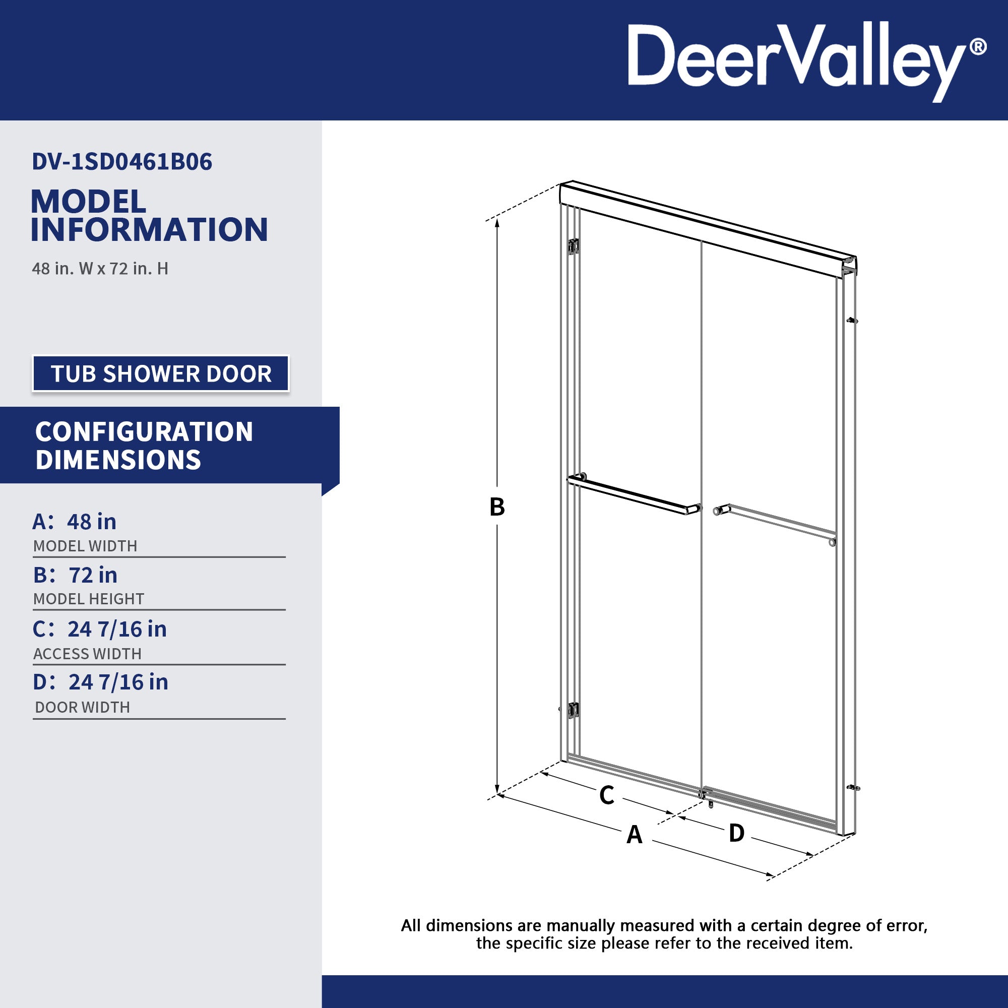 DeerValley DV-1SD0461B06 44"-48" W x 72" H Double Sliding Shower Door for Walk-In Showers, Framed Bypass Door with Easy-Clean 1/4" (6mm) Tempered Glass, Durable Aluminum Frame, Matte Black