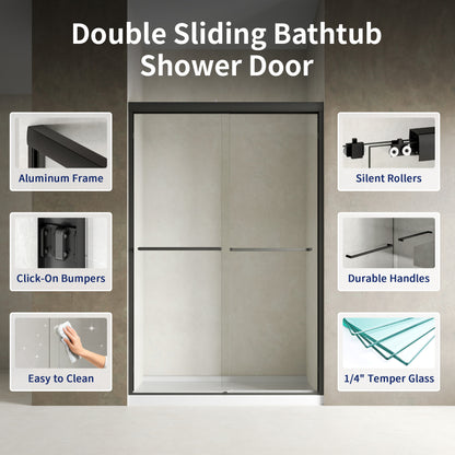 DeerValley DV-1SD0461B06 44"-48" W x 72" H Double Sliding Shower Door for Walk-In Showers, Framed Bypass Door with Easy-Clean 1/4" (6mm) Tempered Glass, Durable Aluminum Frame, Matte Black