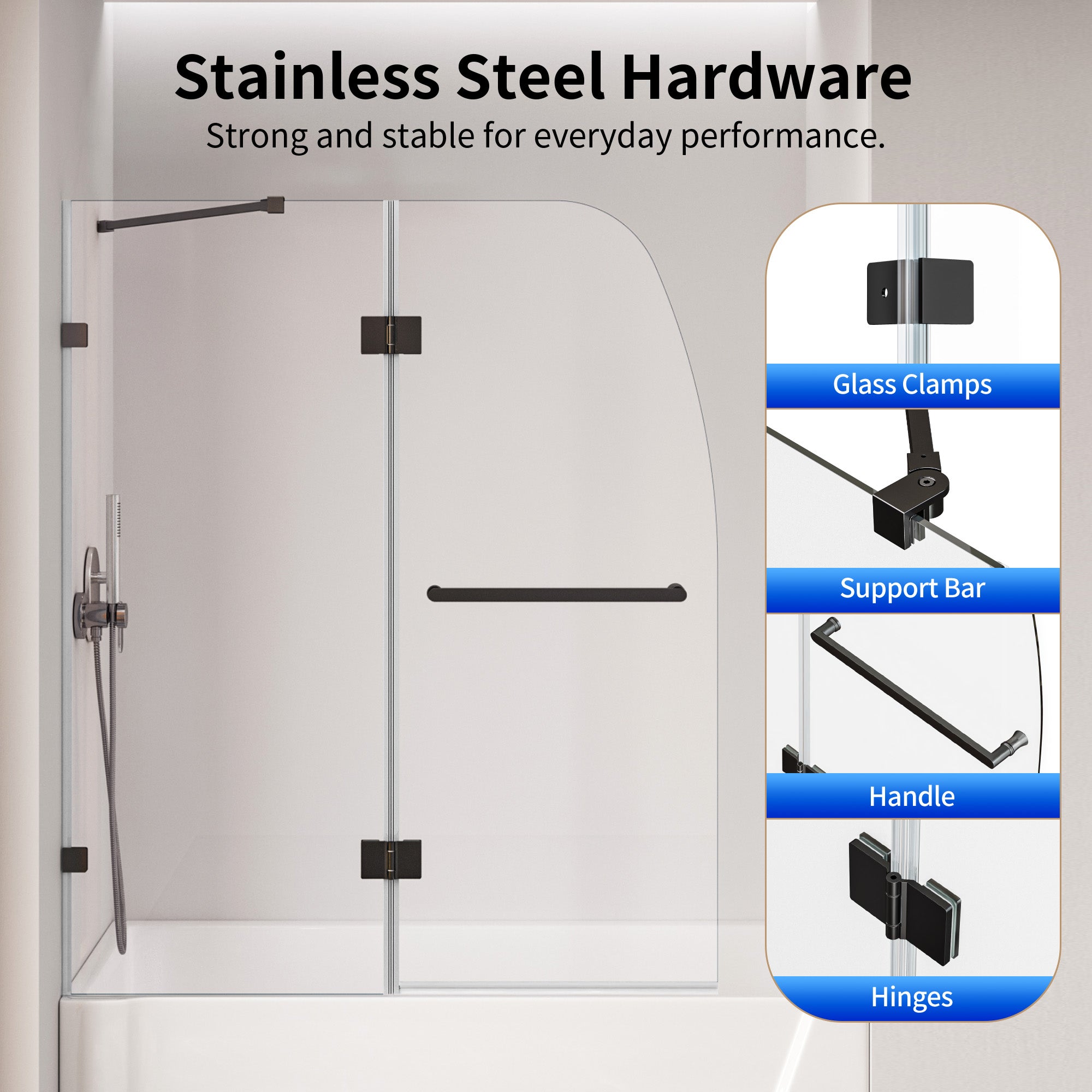 DeerValley DV-1SD0465B06 48" Frameless Bathtub Door, EasyClean & Towel Bar