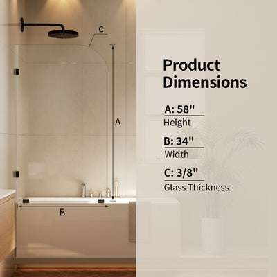DeerValley DV-1SD0466B10 34" W x 58" H Frameless Bathtub Shower Door, Single Fixed Bath Panel with Clamps, 3/8" Tempered Glass Bathroom Shower Screen