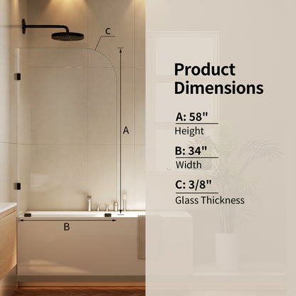 DeerValley DV-1SD0466B10 34" W x 58" H Frameless Bathtub Shower Door, Single Fixed Bath Panel with Clamps, 3/8" Tempered Glass Bathroom Shower Screen